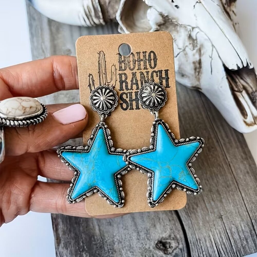Inlaid Synthetic Turquoise Star Shape Pendant Earrings Z273
